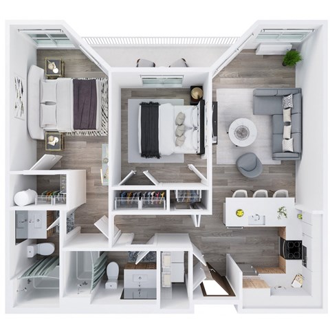 Floor plan for 2 beds, 2 baths, 1037 sqft